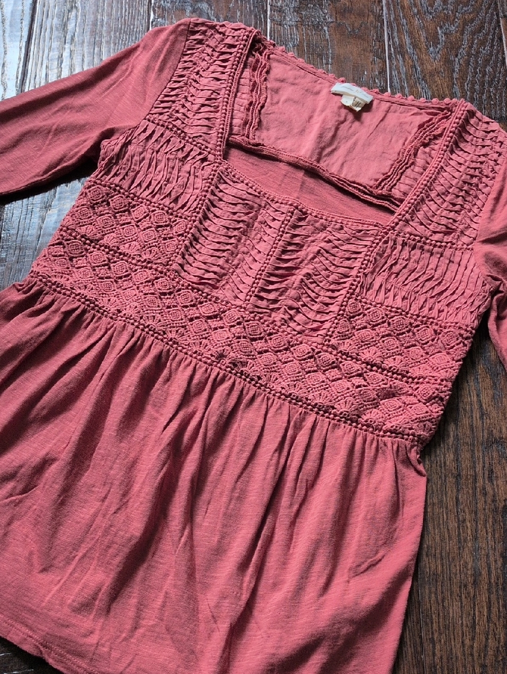 ANTHRO I Terra Cotta "Nosara" Crochet Lace Peplum Shirt Top by Meadow Rue, S